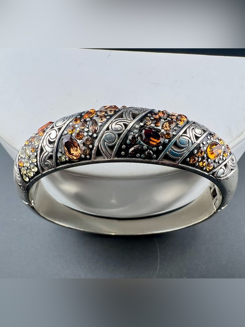 Brighton Hinged Bangle Bracelet “Crystal Voyage” Amber Crystals Silver Plated